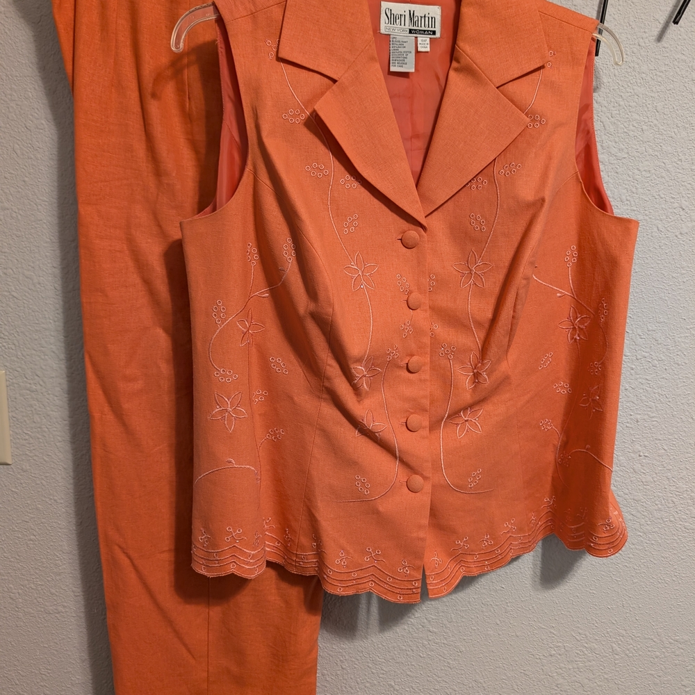 Shari Martin Orange Embroidered Vest and Pants Set